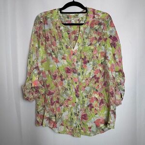 Zac‎ & Rachel Woman 1X Floral Print Button Up Roll Tab Sleeve Blouse Career Boho